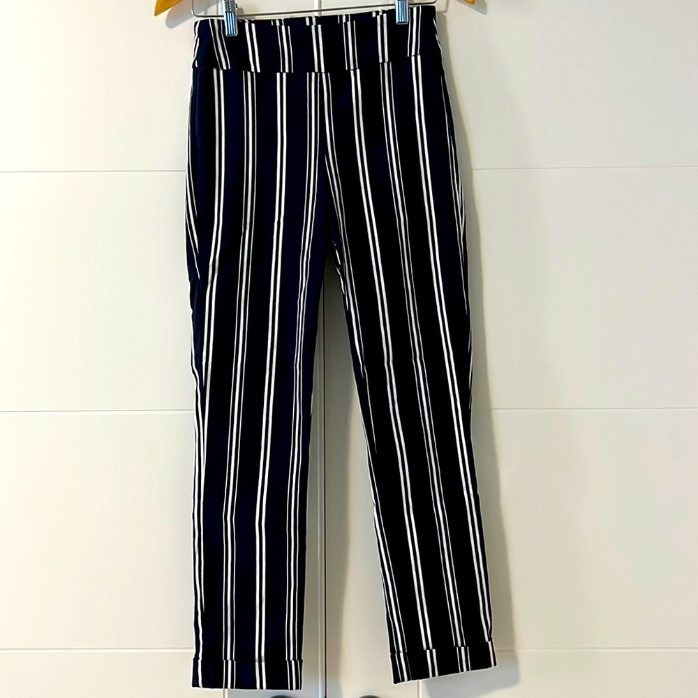 Blue/white striped ankle pants